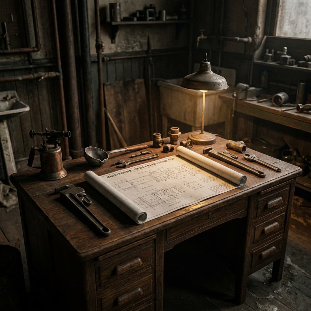 Plumber tools and blueprint